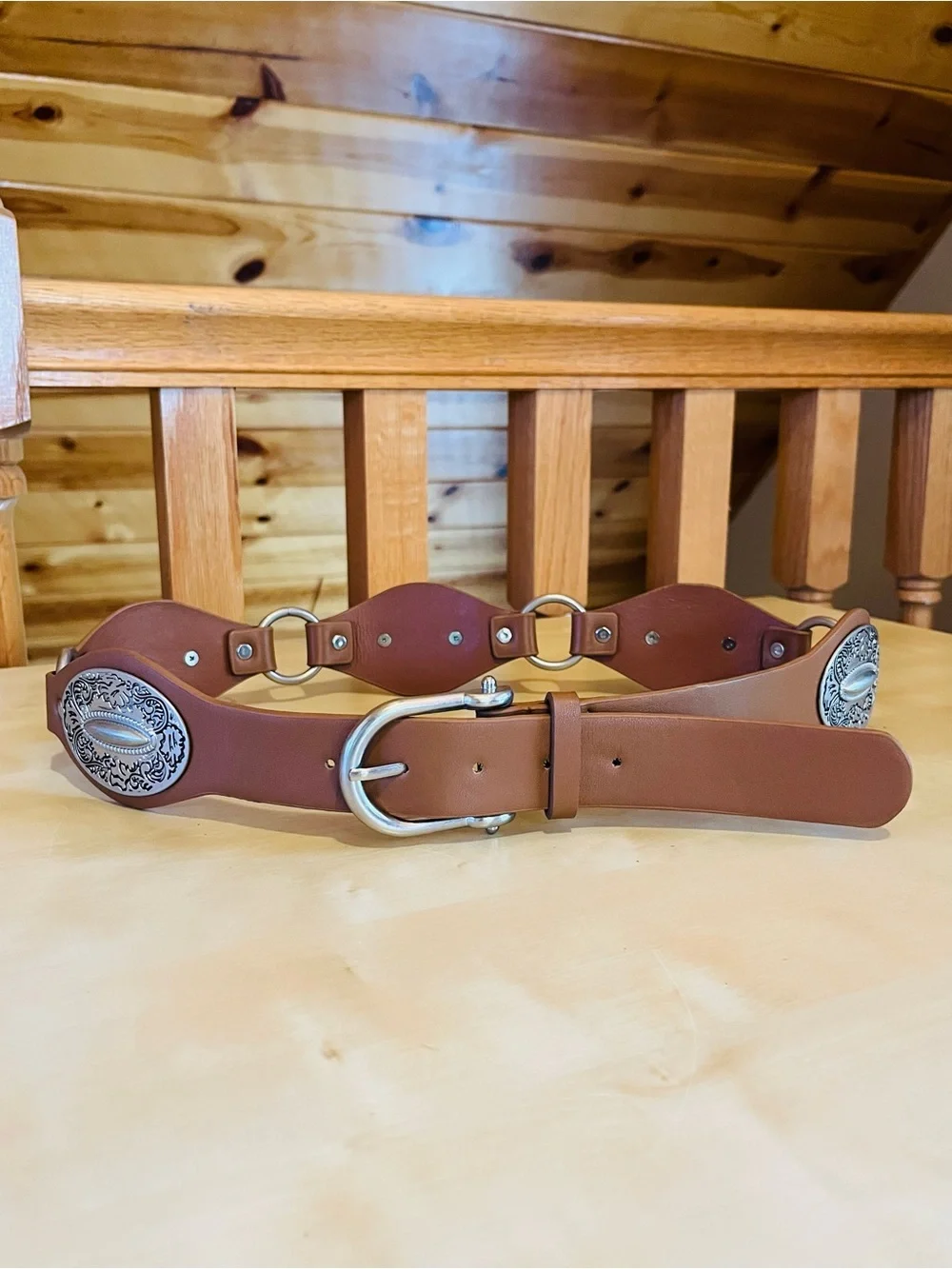 Western Cowgirl Brown Faux Leather Concho Belt with Silver Accents Size M NWT